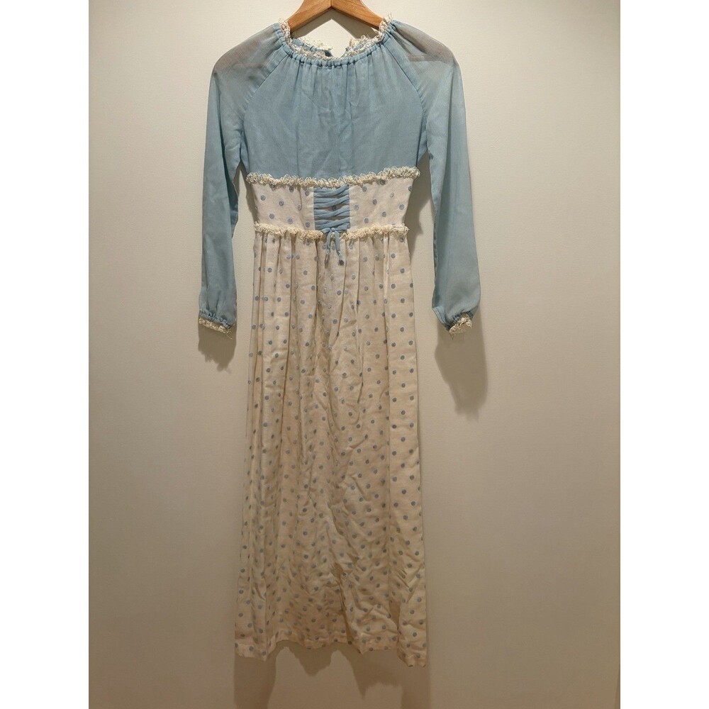 Vtg 70’s Baby Blue Sheer Polka Dot Maxi Dress Prairie Romantic w/ Slip READ